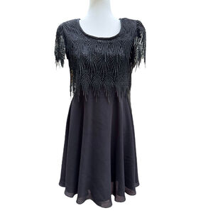 Vintage Night Way Black Fringe Lace Overlay Dress | Size 8 | Cocktail Party Glam